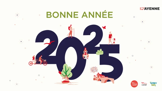 Carte de vœux 2025 de mayenne tourisme. En haut en vert est écrit Bonne Année. En dessous on peut lire 2025 écrit en bleu légèrement décollé. Le 0 et le 5 sont plus gros que les deux 2. Sur l'image on voit également des illustrations des differentes activités en Mayenne : vélo, randonnée, kayak. L'ensemblme du visuel est sur fond blanc avec des petites étoiles stylisées.