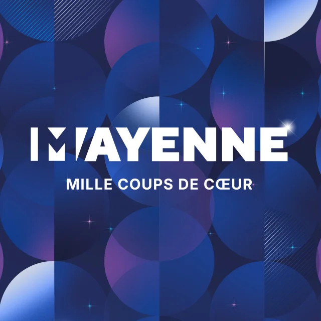 « Bannière “Mayenne – Mille coups de cœur” avec dates d’hiver 2025-2026 sur fond graphique bleu et violet »
